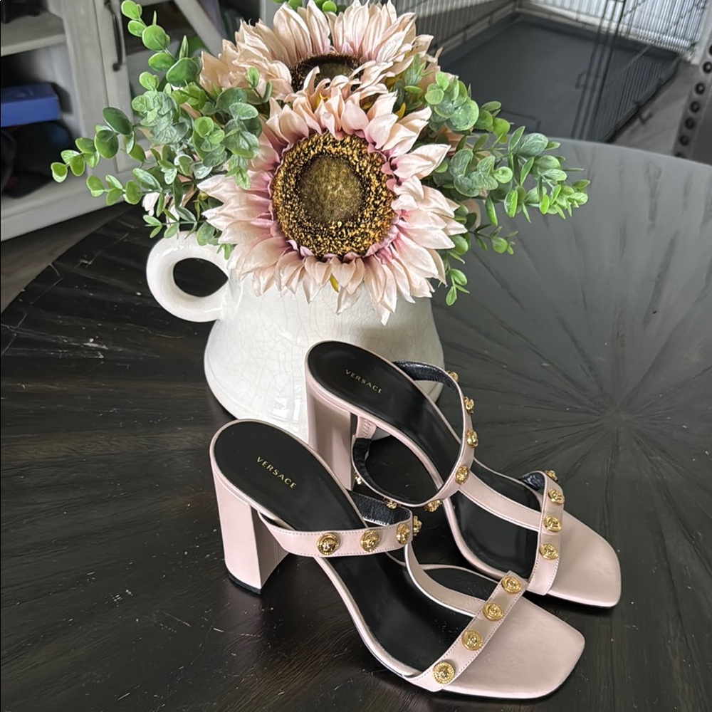 Versace Blush Pink Heels with Gold Studs